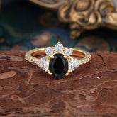 2 Carat Cluster Black Onyx Promise Ring Unique Oval Shaped Pave Halo Ring